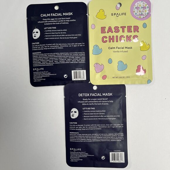 SpaLife Facial Mask Lot Of 3 Calm Detox Antioxidant Cocoa Vanilla Easter Chicks - Picture 5 of 6